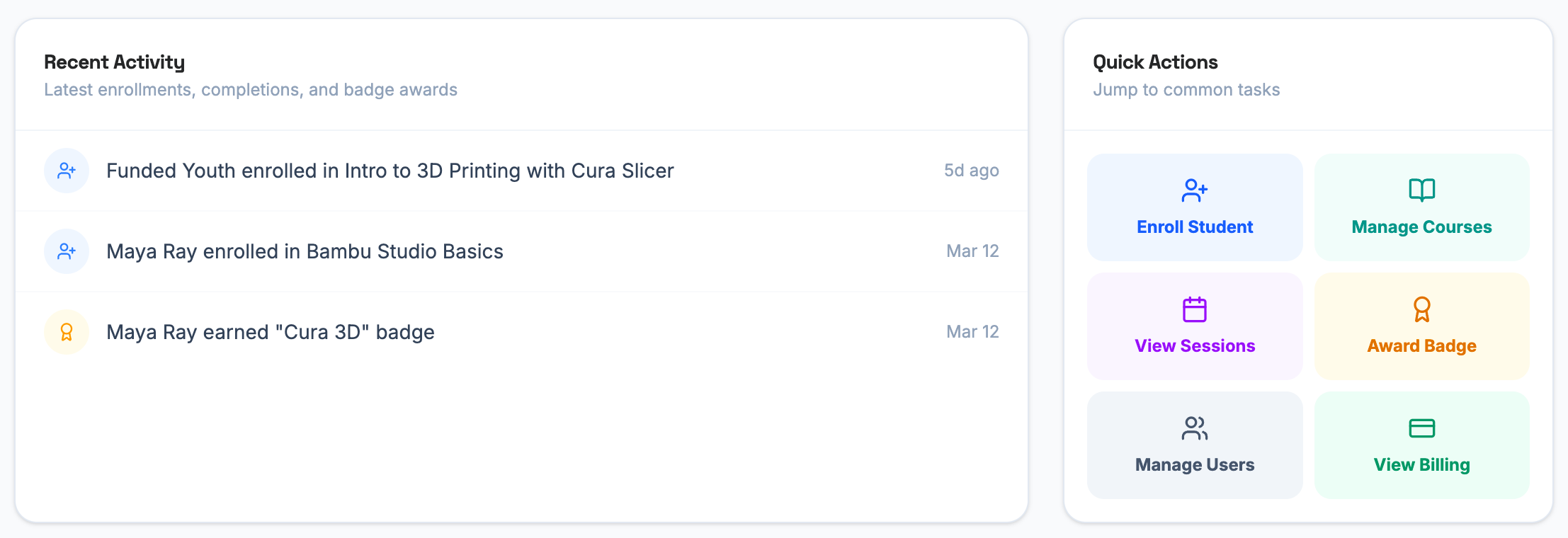 Admin Portal - Recent Activity and Quick Actions