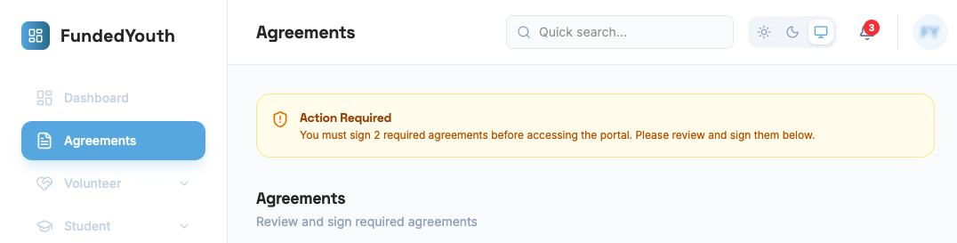 First time login agreements notification